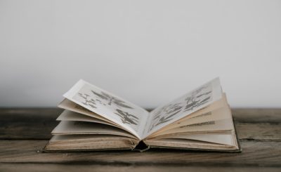 An open book with illustrations on wooden surface